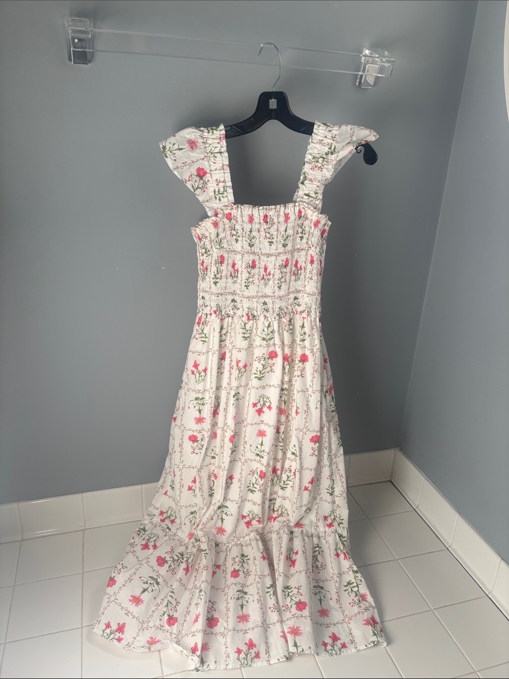 White Floral Maxi Dress with Pink & Green Print